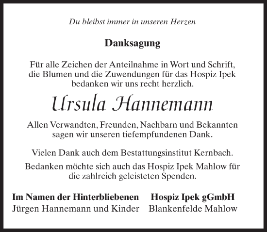 Traueranzeige von Ursula Hannemann von Märkischen Allgemeine Zeitung