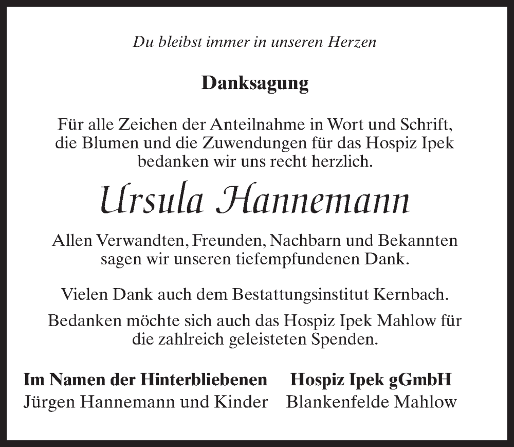  Traueranzeige für Ursula Hannemann vom 29.04.2023 aus Märkischen Allgemeine Zeitung