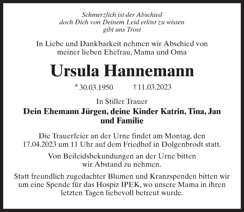  Traueranzeige für Ursula Hannemann vom 08.04.2023 aus Märkischen Allgemeine Zeitung