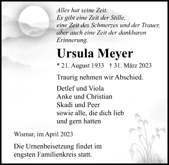 Traueranzeige von Ursula Meyer von Ostsee-Zeitung GmbH