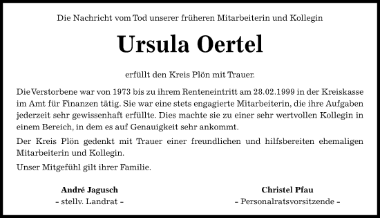 Traueranzeige von Ursula Oertel von Kieler Nachrichten