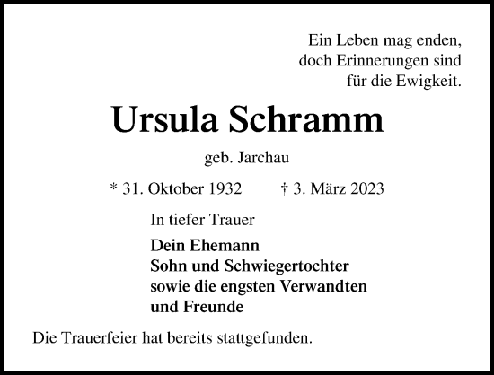 Traueranzeigen Von Ursula Schramm Trauer Anzeigende 