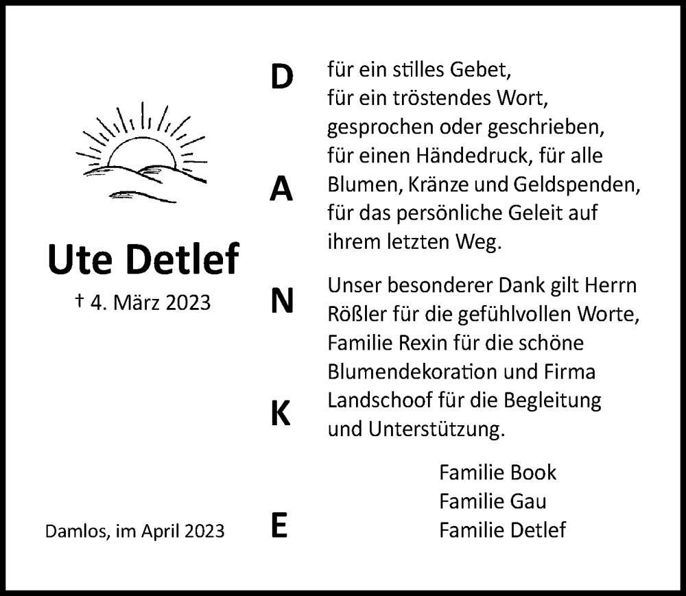  Traueranzeige für Ute Detlef vom 05.04.2023 aus Lübecker Nachrichten