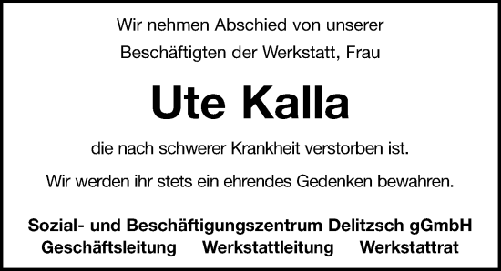 Traueranzeige von Ute Kalla von Leipziger Volkszeitung