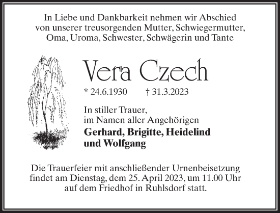 Traueranzeige von Vera Czech von Märkischen Allgemeine Zeitung
