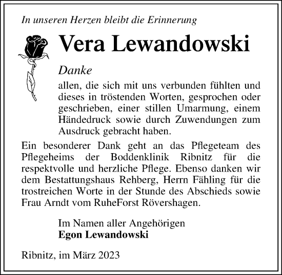 Traueranzeige von Vera Lewandowski von Ostsee-Zeitung GmbH