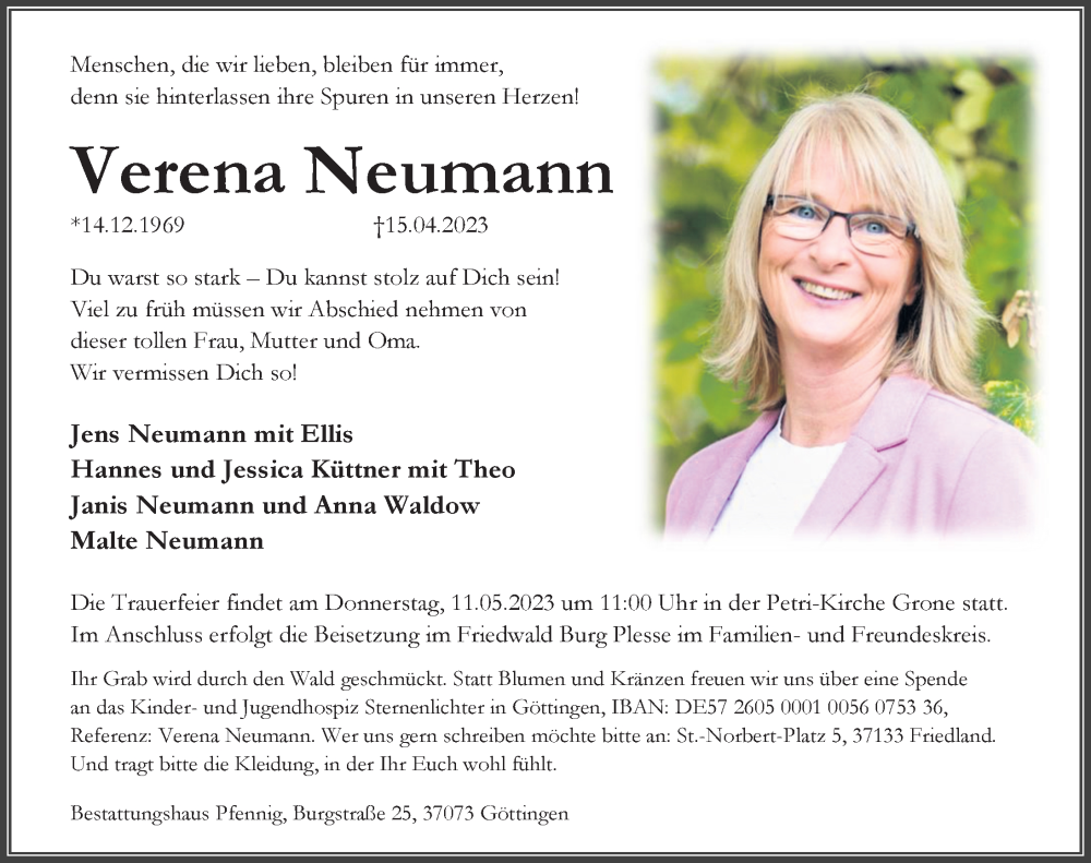  Traueranzeige für Verena Neumann vom 29.04.2023 aus Göttinger Tageblatt
