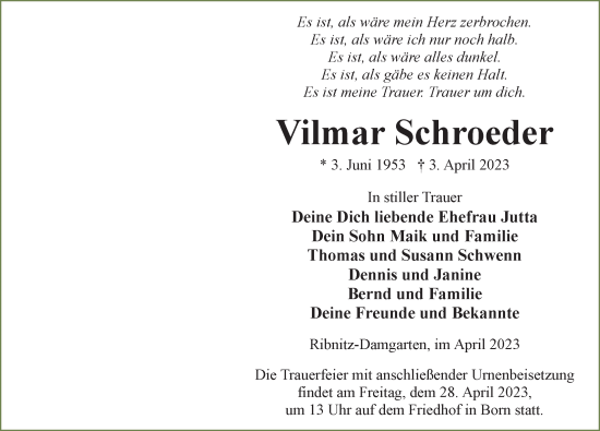 Traueranzeige von Vilmar Schroeder von Ostsee-Zeitung GmbH