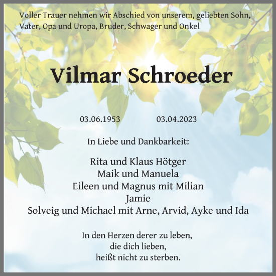 Traueranzeige von Vilmar Schroeder von Ostsee-Zeitung GmbH