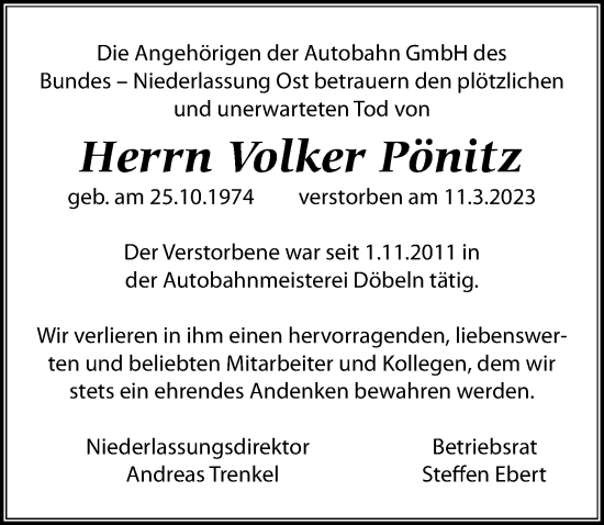 Traueranzeige von Volker Pönitz von Leipziger Volkszeitung