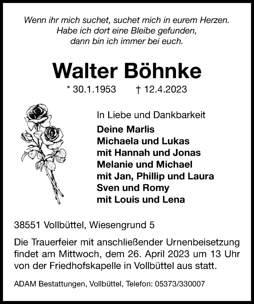  Traueranzeige für Walter Böhnke vom 15.04.2023 aus Aller Zeitung
