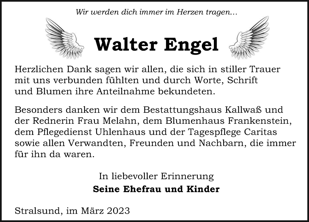  Traueranzeige für Walter Engel vom 01.04.2023 aus Ostsee-Zeitung GmbH
