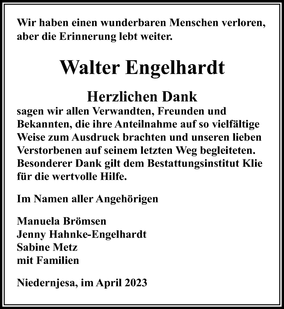  Traueranzeige für Walter Engelhardt vom 29.04.2023 aus Göttinger Tageblatt