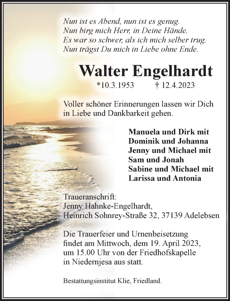  Traueranzeige für Walter Engelhardt vom 15.04.2023 aus Göttinger Tageblatt