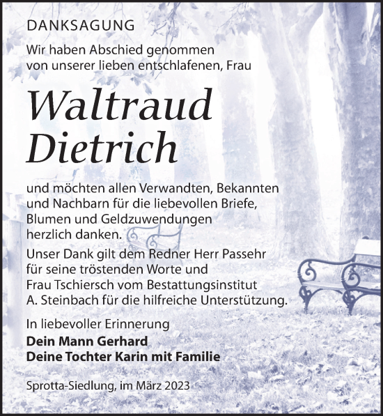 Traueranzeige von Waltraud Dietrich von Leipziger Volkszeitung