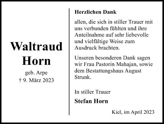 Traueranzeige von Waltraud Horn von Kieler Nachrichten