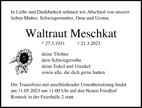 Traueranzeige von Waltraut Meschkat von Ostsee-Zeitung GmbH