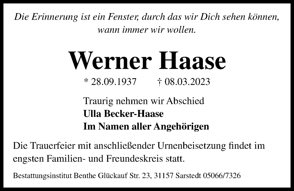 Traueranzeige für Werner Haase vom 08.04.2023 aus Hannoversche Allgemeine Zeitung/Neue Presse