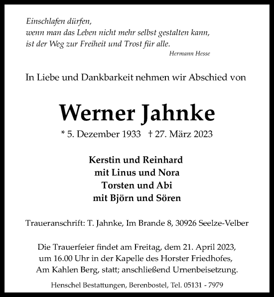 Traueranzeige von Werner Jahnke von Hannoversche Allgemeine Zeitung/Neue Presse