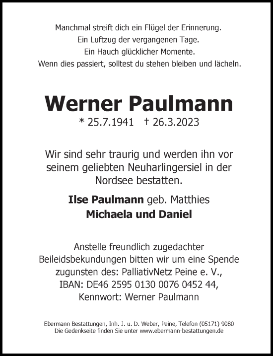 Traueranzeige von Werner Paulmann von Peiner Allgemeine Zeitung