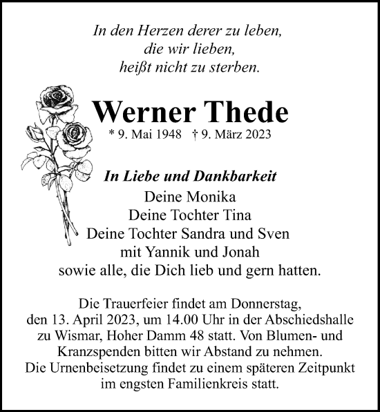 Traueranzeige von Werner Thede von Ostsee-Zeitung GmbH