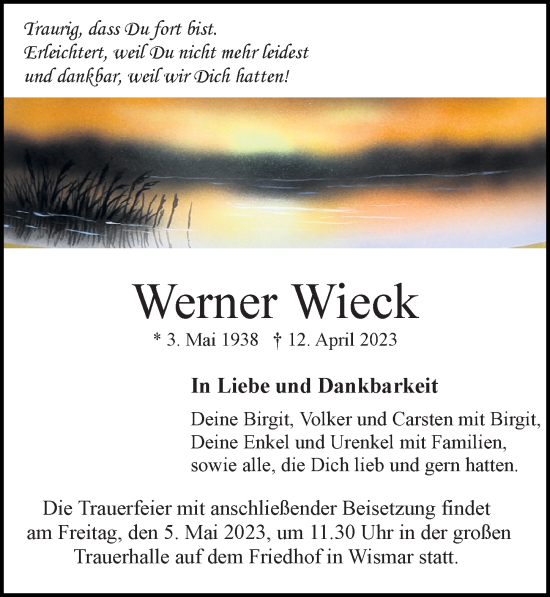Traueranzeige von Werner Wieck von Ostsee-Zeitung GmbH