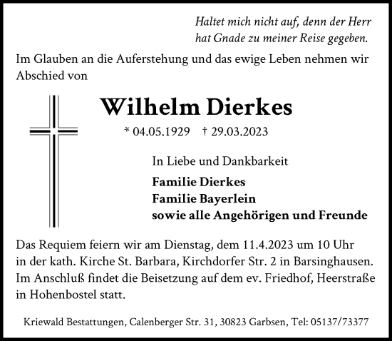 Traueranzeige von Wilhelm Dierkes von Hannoversche Allgemeine Zeitung/Neue Presse