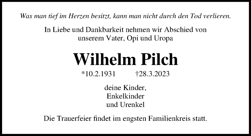  Traueranzeige für Wilhelm Pilch vom 08.04.2023 aus Ostsee-Zeitung GmbH
