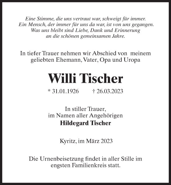 Traueranzeige von Willi Tischer von Märkischen Allgemeine Zeitung