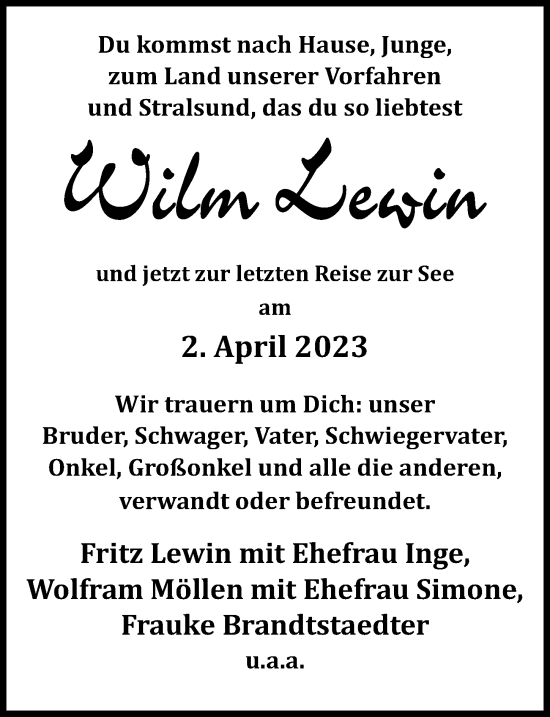 Traueranzeige von Wilm Lewin von Ostsee-Zeitung GmbH