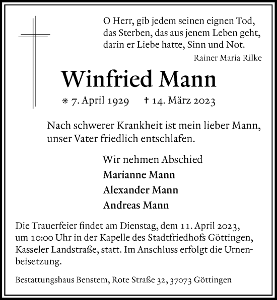 Traueranzeige von Winfried Mann von Göttinger Tageblatt