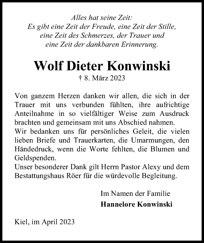  Traueranzeige für Wolf Dieter Konwinski vom 15.04.2023 aus Kieler Nachrichten