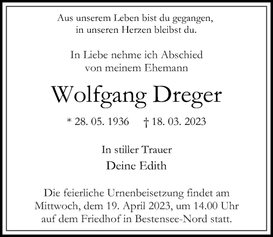 Traueranzeige von Wolfgang Dreger von Märkischen Allgemeine Zeitung