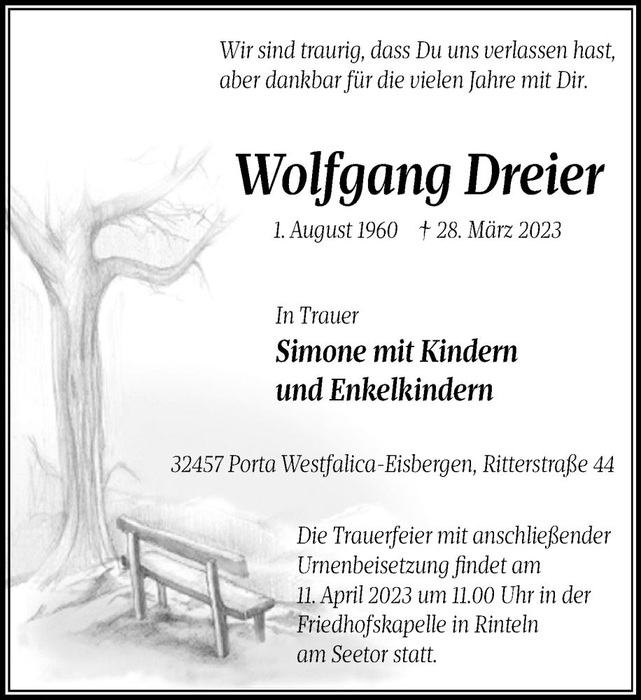  Traueranzeige für Wolfgang Dreier vom 01.04.2023 aus Schaumburger Nachrichten