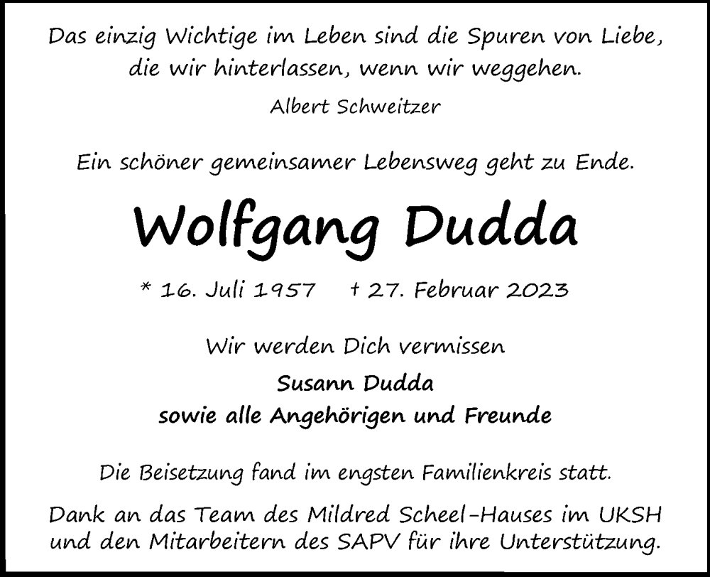 Traueranzeige für Wolfgang Dudda vom 08.04.2023 aus Kieler Nachrichten
