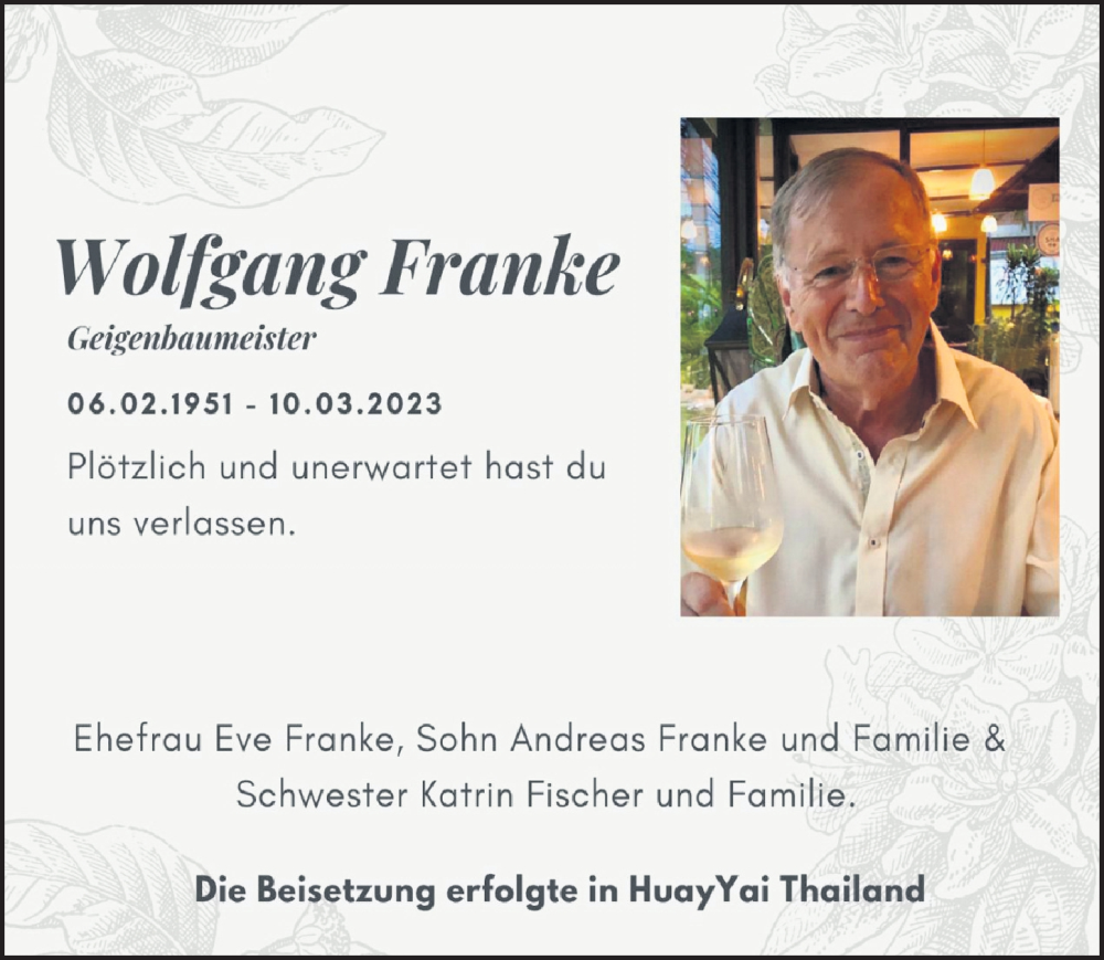  Traueranzeige für Wolfgang Franke vom 15.04.2023 aus Leipziger Volkszeitung