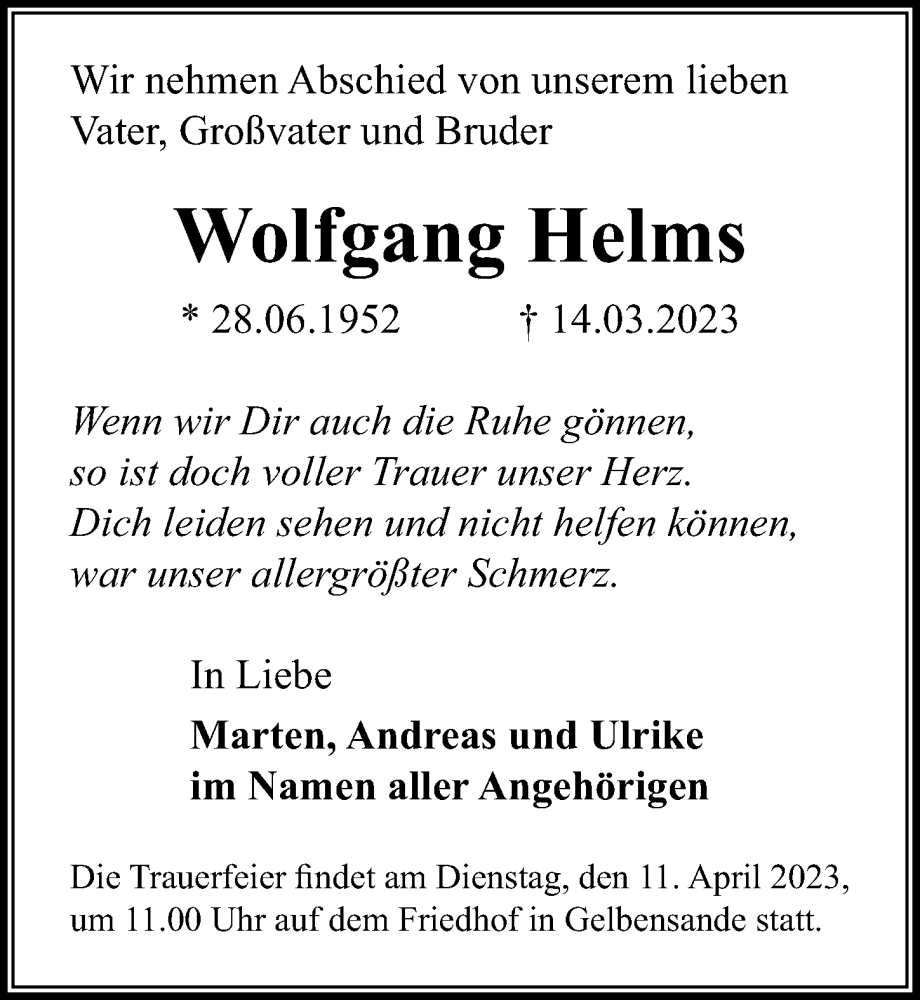  Traueranzeige für Wolfgang Helms vom 01.04.2023 aus Ostsee-Zeitung GmbH