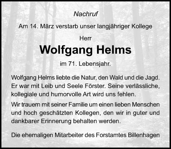 Traueranzeige von Wolfgang Helms von Ostsee-Zeitung GmbH