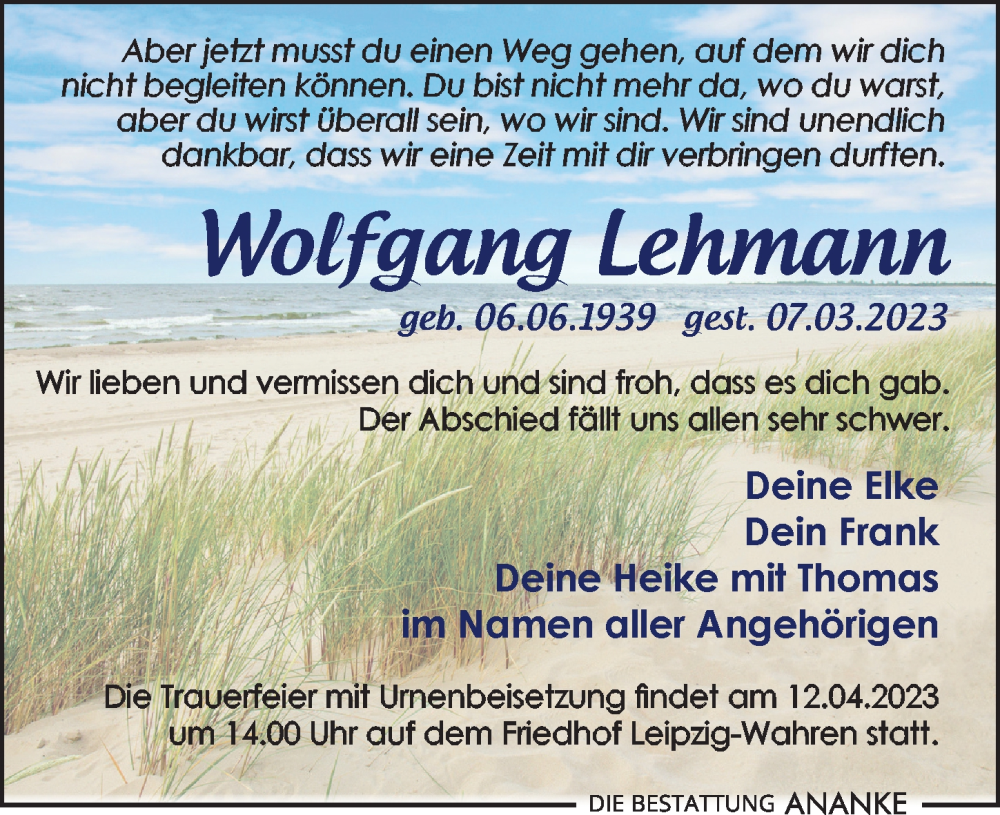  Traueranzeige für Wolfgang Lehmann vom 01.04.2023 aus Leipziger Volkszeitung