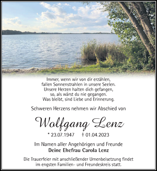 Traueranzeige von Wolfgang Lenz von Märkischen Allgemeine Zeitung
