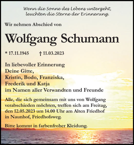 Traueranzeige von Wolfgang Schumann von Leipziger Volkszeitung