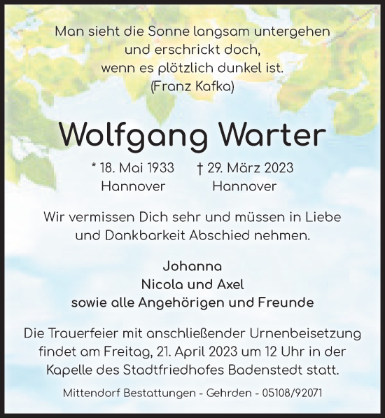 Traueranzeige von Wolfgang Warter von Hannoversche Allgemeine Zeitung/Neue Presse