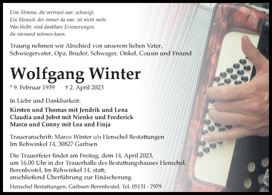 Traueranzeige von Wolfgang Winter von Hannoversche Allgemeine Zeitung/Neue Presse