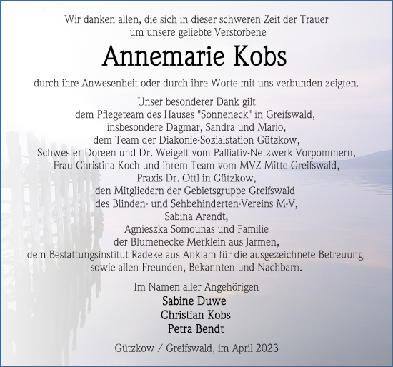 Traueranzeige von Annemarie Kobs von Ostsee-Zeitung GmbH