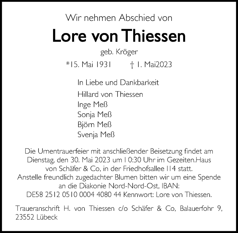  Traueranzeige für Lore von Thiessen vom 14.05.2023 aus Lübecker Nachrichten
