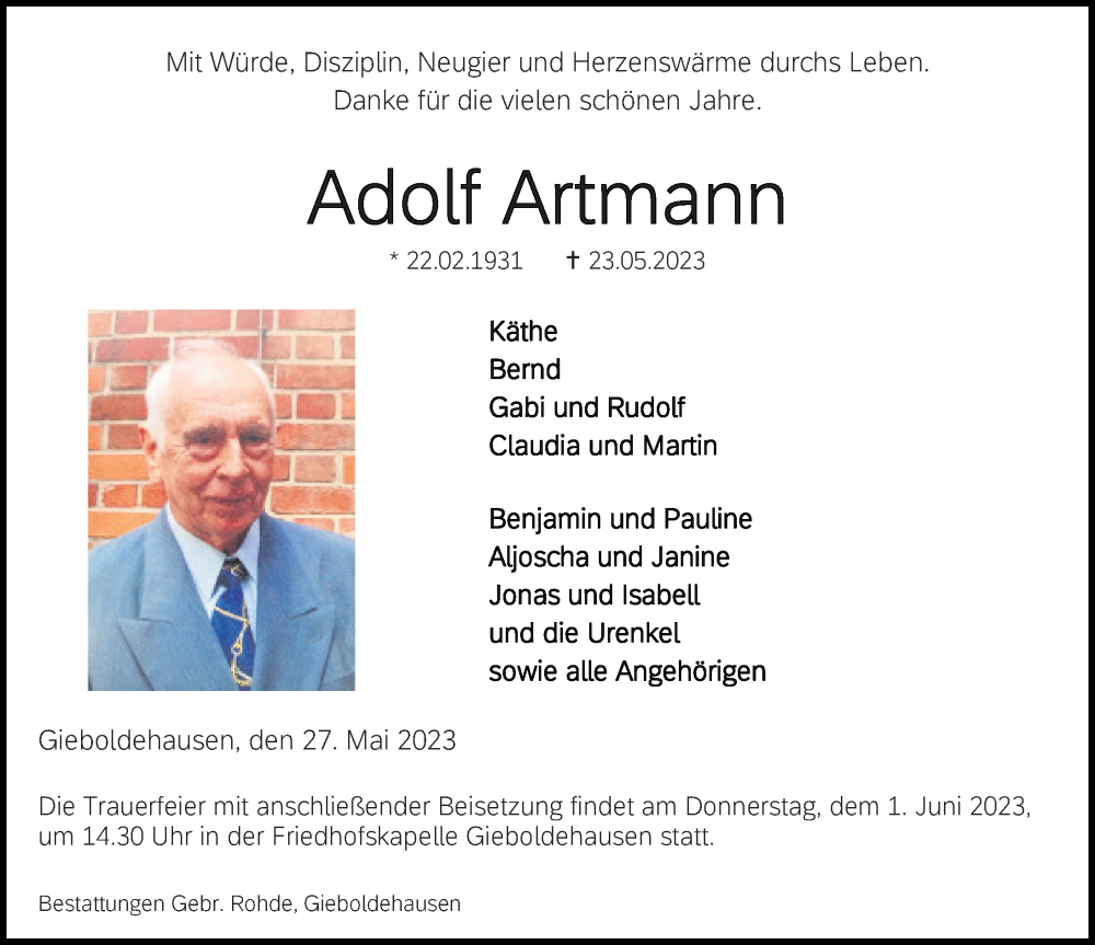  Traueranzeige für Adolf Artmann vom 27.05.2023 aus Eichsfelder Tageblatt