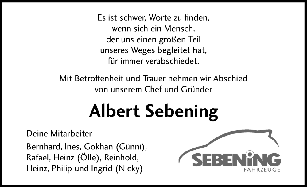  Traueranzeige für Albert Sebening vom 20.05.2023 aus Schaumburger Nachrichten