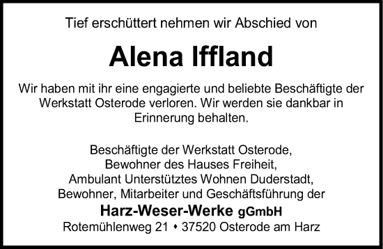 Traueranzeige von Alena Iffland von Eichsfelder Tageblatt