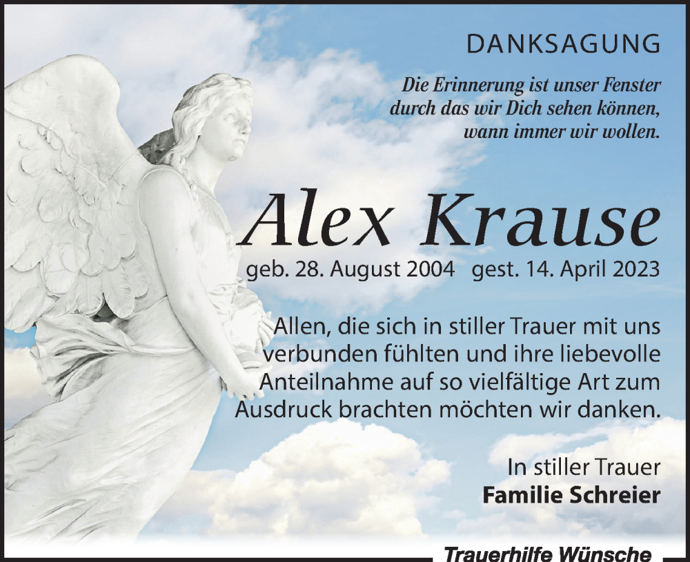  Traueranzeige für Alex Krause vom 13.05.2023 aus Leipziger Volkszeitung