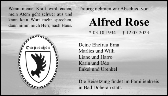 Traueranzeige von Alfred Rose von Ostsee-Zeitung GmbH
